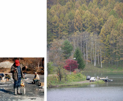 立岩湖とシナノユキマスの釣りを楽しむ人々
